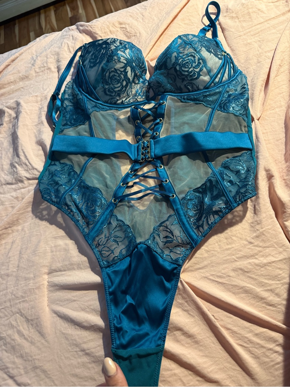 Teal Lace-Accent Sheer Bodysuit